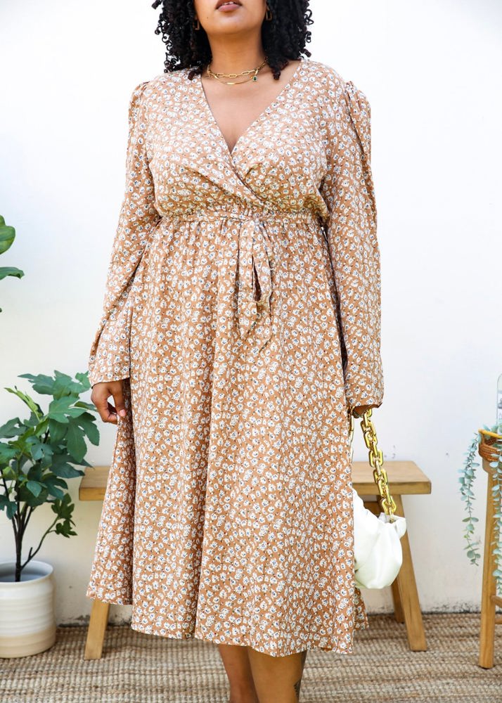 Long Sleeve Floral Wrap Dress with Tie Waist and V-Neckline