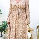 Beige 1X Long Sleeve Floral Wrap Dress with Tie Waist and V-Neckline