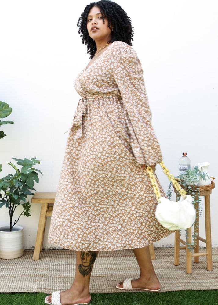 Long Sleeve Floral Wrap Dress with Tie Waist and V-Neckline