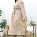 Beige 1X Long Sleeve Floral Wrap Dress with Tie Waist and V-Neckline