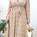 Beige 1X Long Sleeve Floral Wrap Dress with Tie Waist and V-Neckline