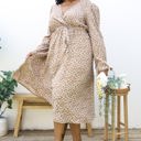 Beige 1X Long Sleeve Floral Wrap Dress with Tie Waist and V-Neckline