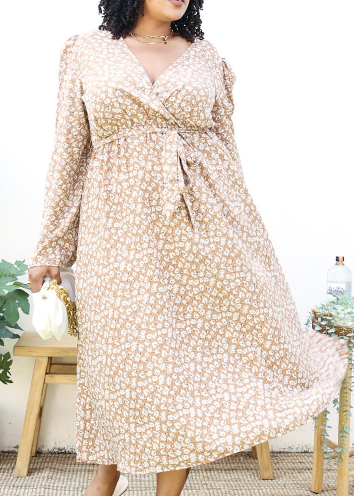 Long Sleeve Floral Wrap Dress with Tie Waist and V-Neckline