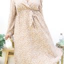 Beige 1X Long Sleeve Floral Wrap Dress with Tie Waist and V-Neckline