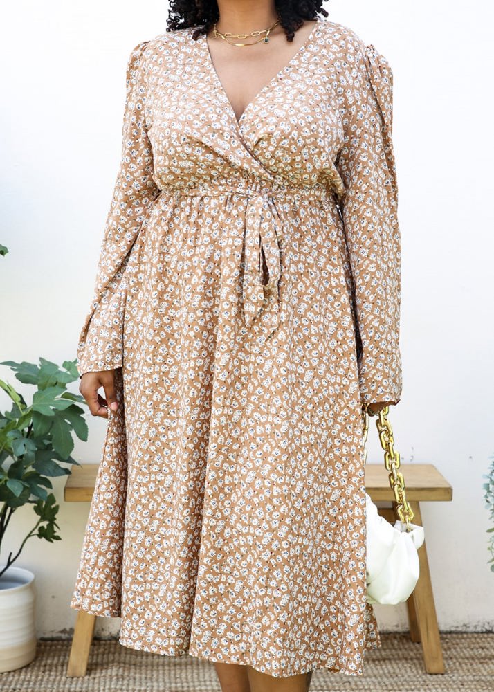 Long Sleeve Floral Wrap Dress with Tie Waist and V-Neckline