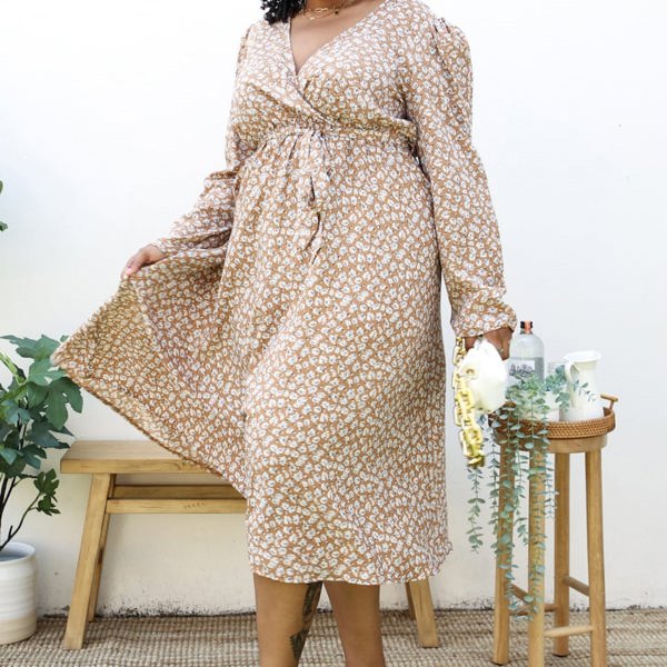 Long Sleeve Floral Wrap Dress with Tie Waist and V-Neckline