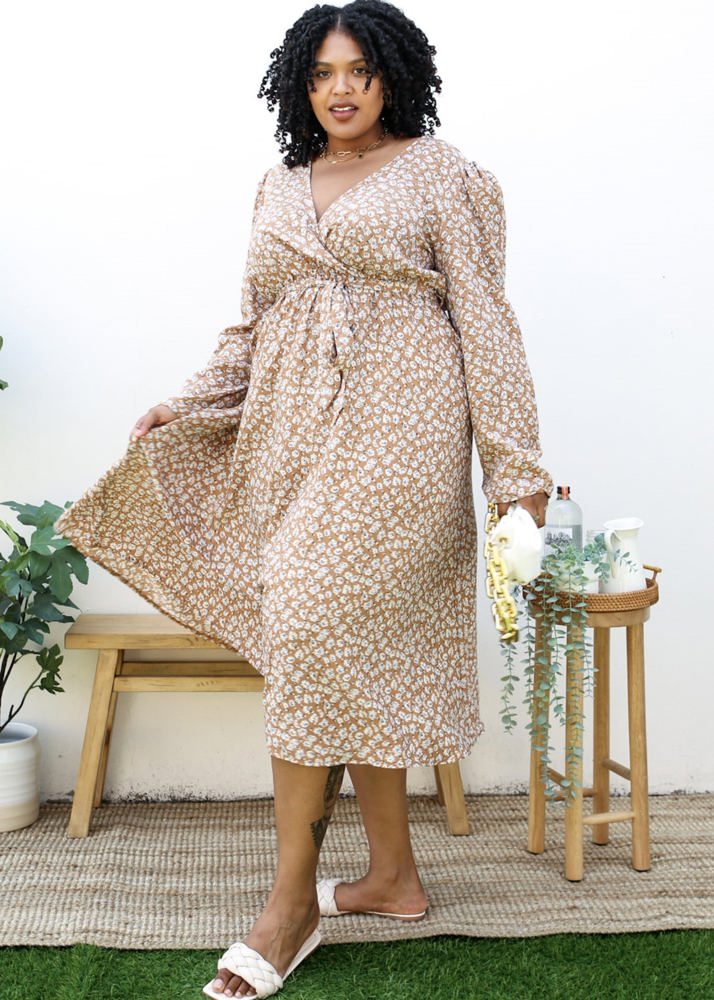 Long Sleeve Floral Wrap Dress with Tie Waist and V-Neckline