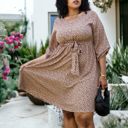 Brown 1X Plus Size Leopard Print Tunic  Dress with Faux Button Front