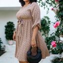 Brown 1X Plus Size Leopard Print Tunic  Dress with Faux Button Front