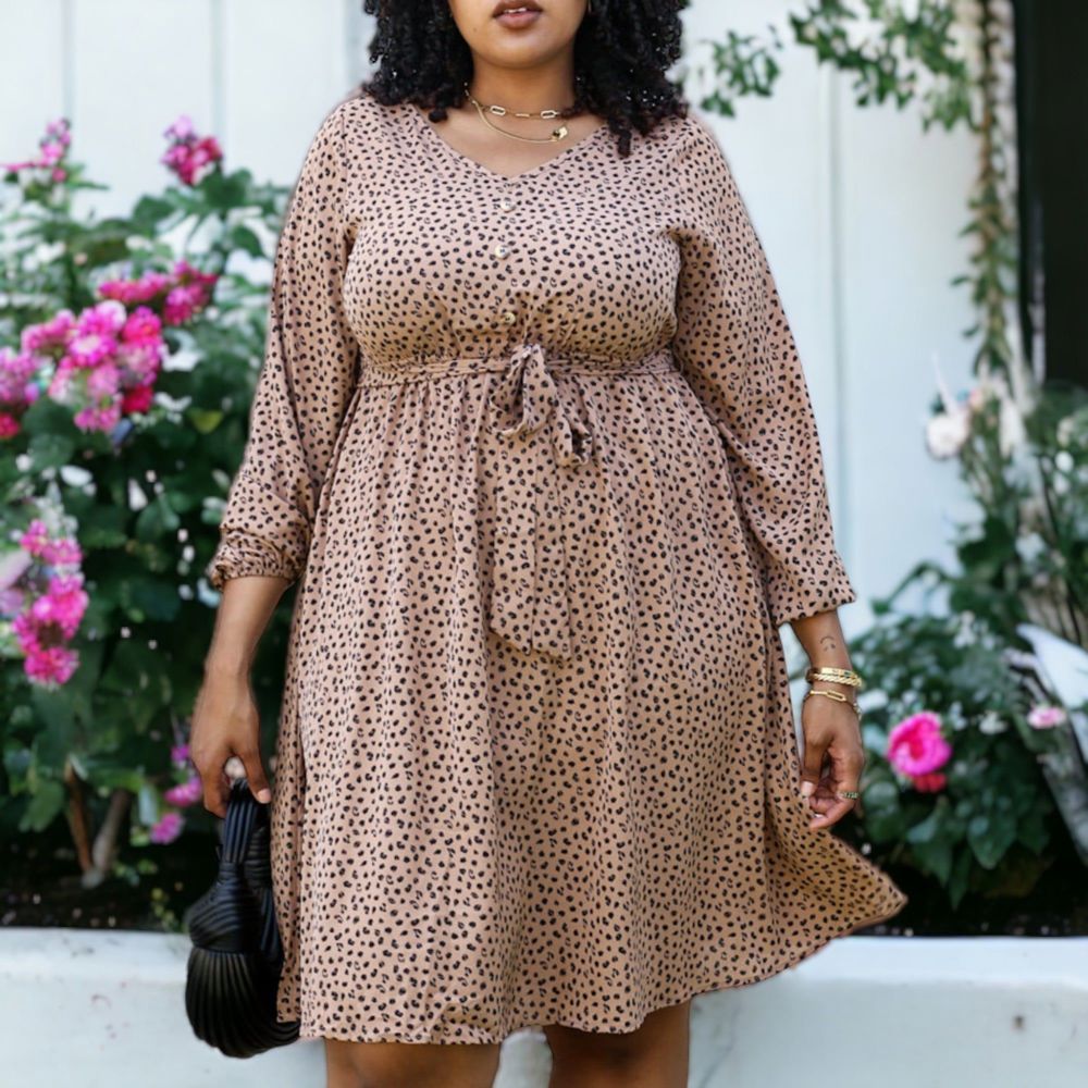 Plus Size Leopard Print Tunic  Dress with Faux Button Front