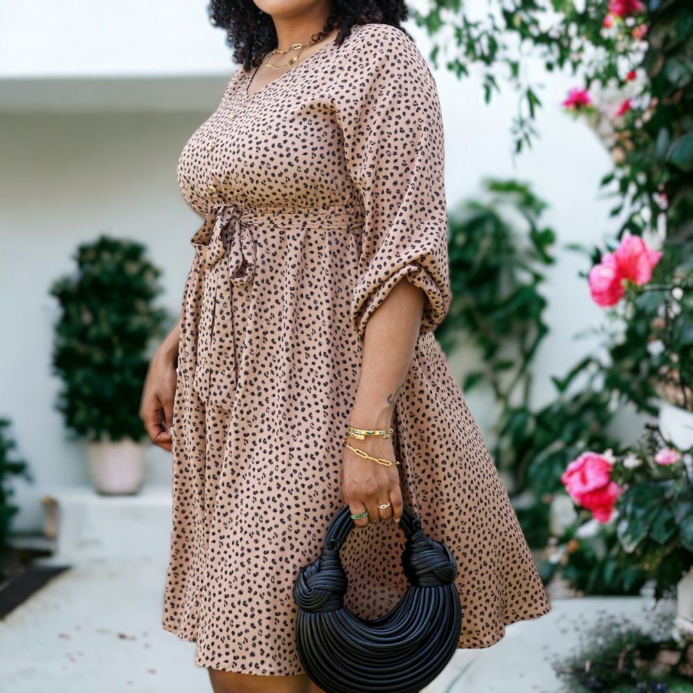 Plus Size Leopard Print Tunic  Dress with Faux Button Front