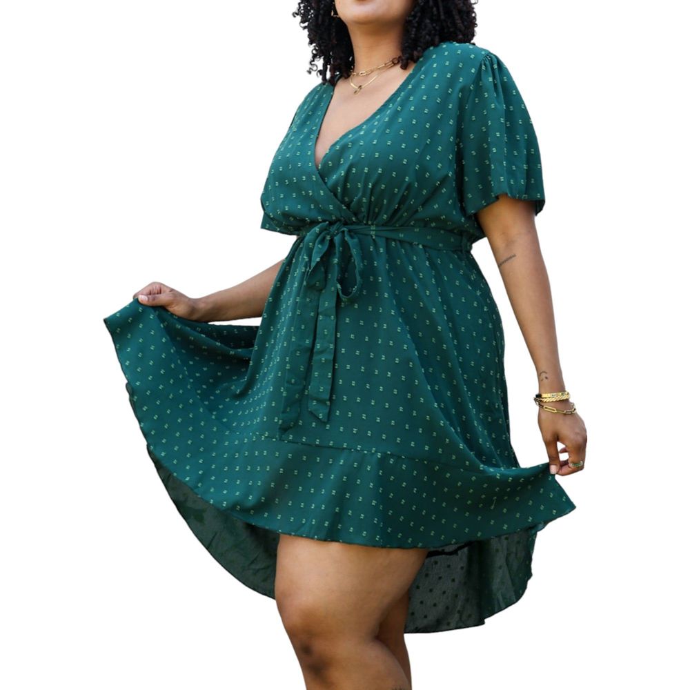 Plus Size Green Swiss Dot Mini Dress with High-Low Skirt