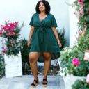  Plus Size Green Swiss Dot Mini Dress with High-Low Skirt