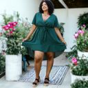  Plus Size Green Swiss Dot Mini Dress with High-Low Skirt