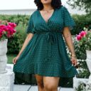  Plus Size Green Swiss Dot Mini Dress with High-Low Skirt