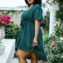  Plus Size Green Swiss Dot Mini Dress with High-Low Skirt