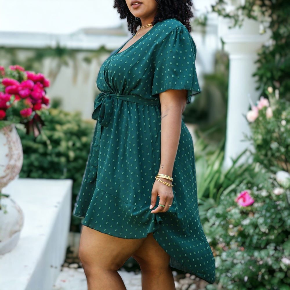 Plus Size Green Swiss Dot Mini Dress with High-Low Skirt