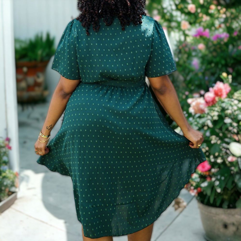 Plus Size Green Swiss Dot Mini Dress with High-Low Skirt