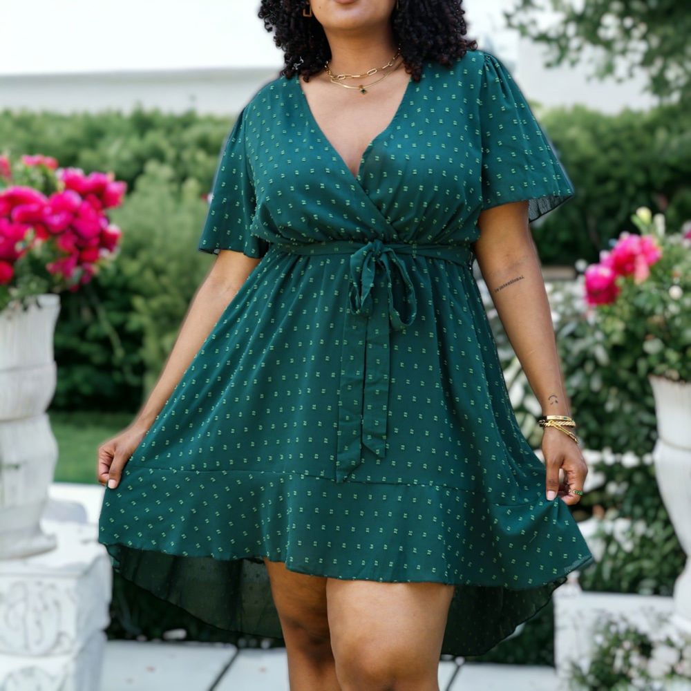 Plus Size Green Swiss Dot Mini Dress with High-Low Skirt