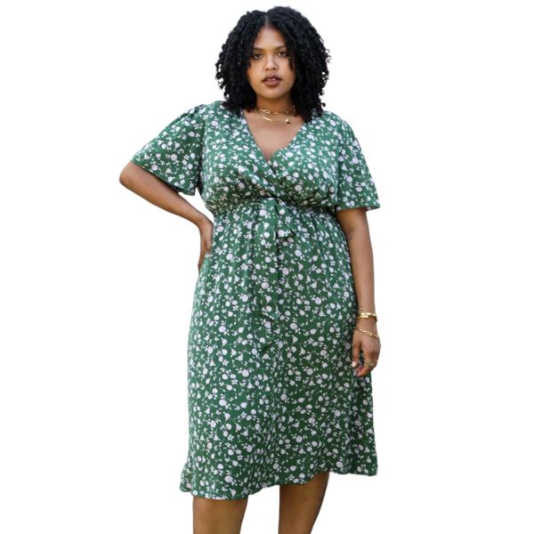 Plus Size Green and Pink Flared Tunic Floral Print Dress