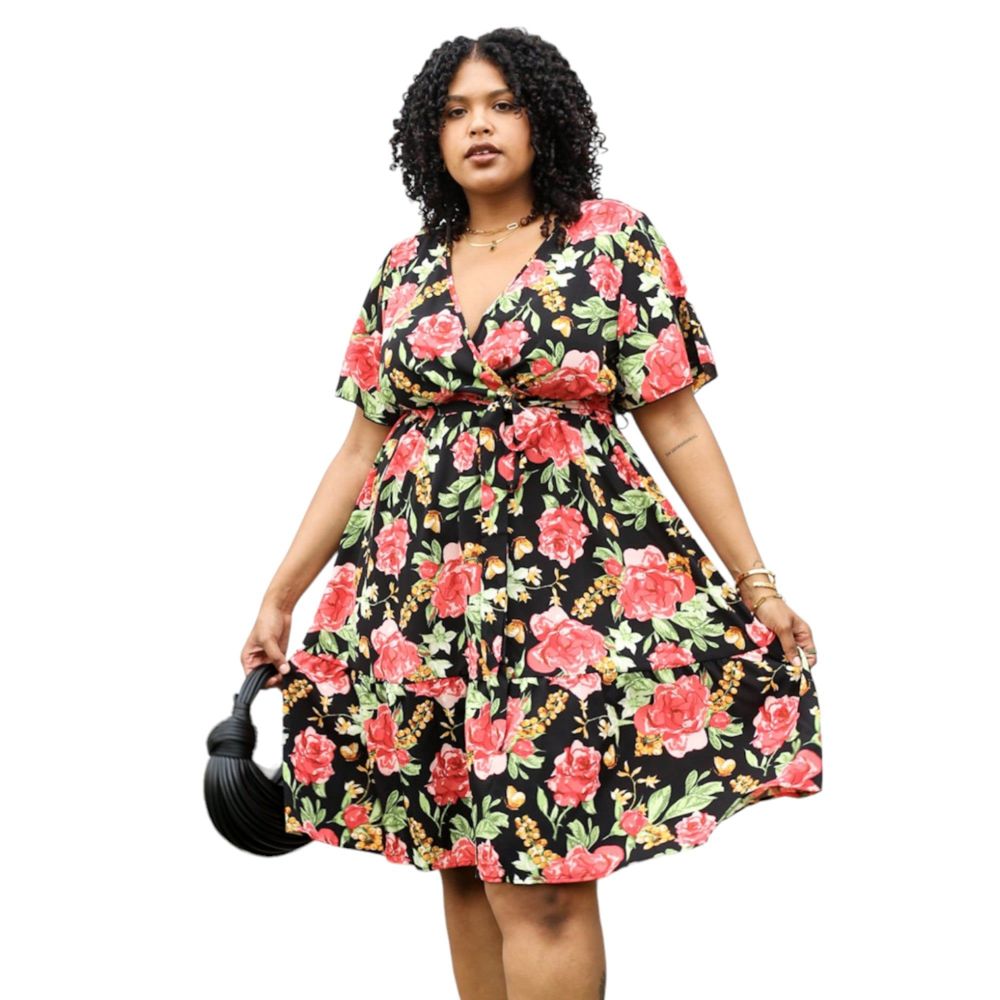 Anna-Kaci Women Plus Size Tropical Floral Print Tunic Dress with Tied Belt Waist