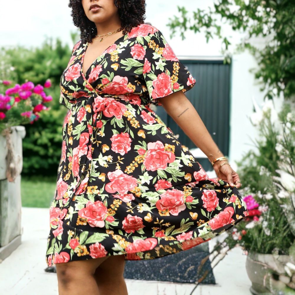 Anna-Kaci Women Plus Size Tropical Floral Print Tunic Dress with Tied Belt Waist