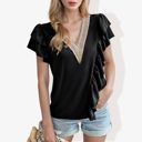  V-Neck Ruffle Sleeve Top with Lace Trim Detail and Asymmetrical Design Casual Blouse