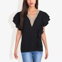  V-Neck Ruffle Sleeve Top with Lace Trim Detail and Asymmetrical Design Casual Blouse