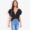  V-Neck Ruffle Sleeve Top with Lace Trim Detail and Asymmetrical Design Casual Blouse