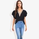  V-Neck Ruffle Sleeve Top with Lace Trim Detail and Asymmetrical Design Casual Blouse