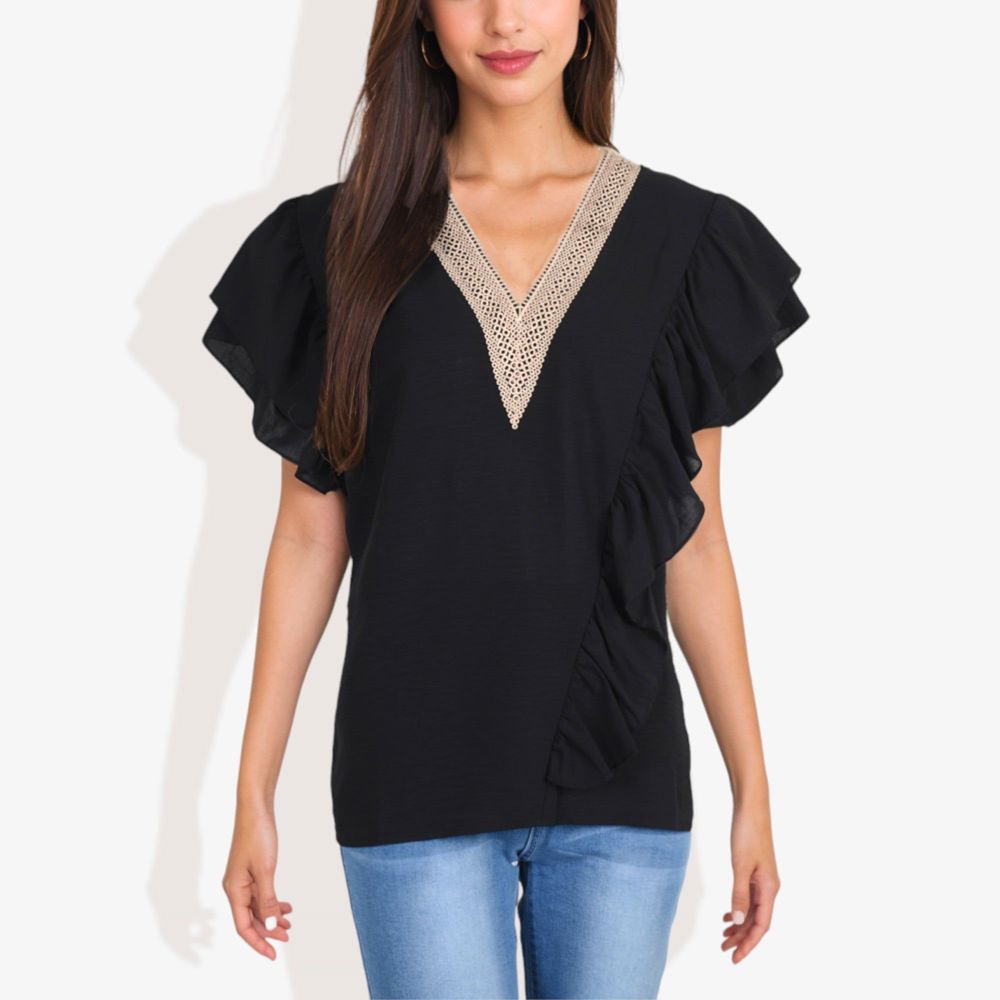 V-Neck Ruffle Sleeve Top with Lace Trim Detail and Asymmetrical Design Casual Blouse