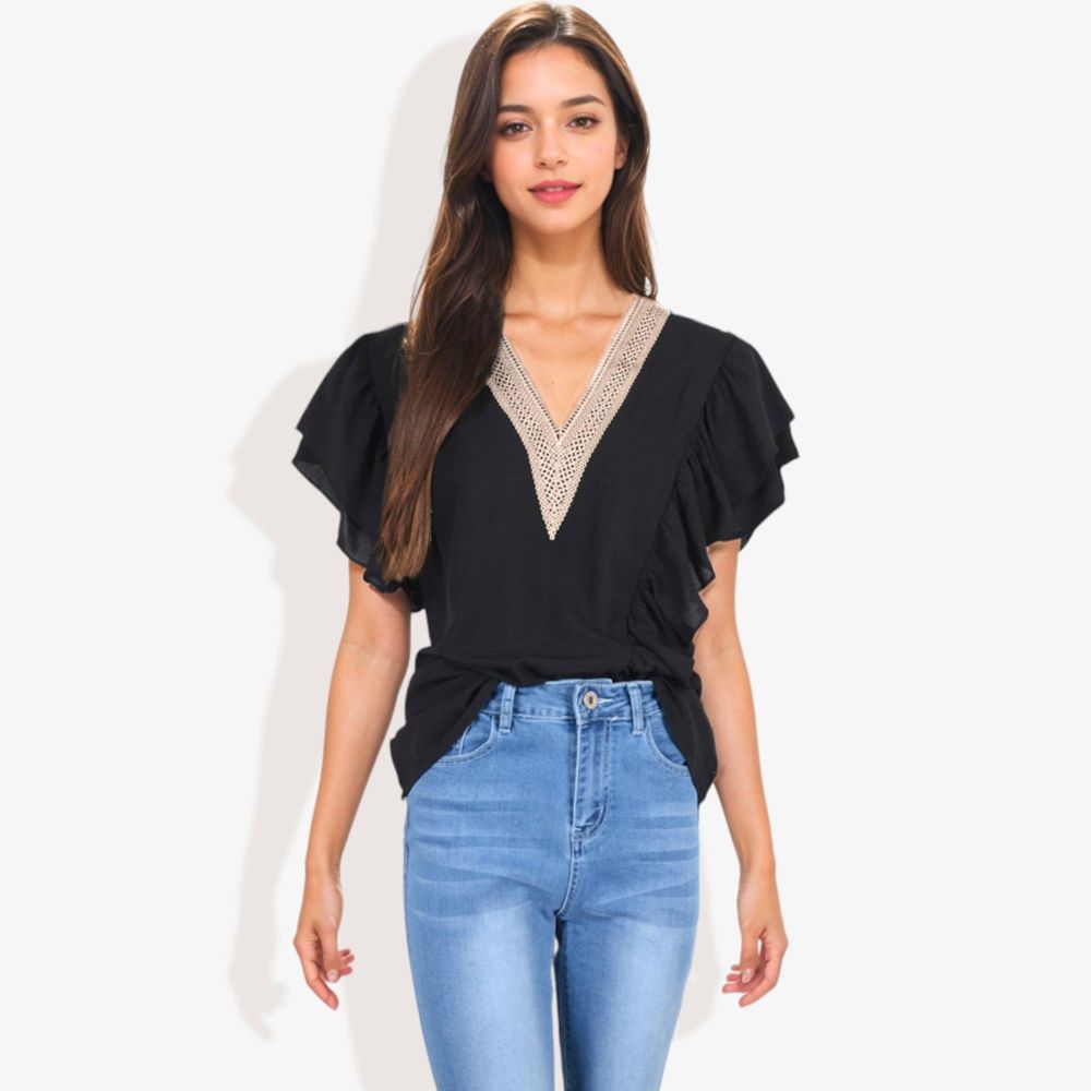 V-Neck Ruffle Sleeve Top with Lace Trim Detail and Asymmetrical Design Casual Blouse