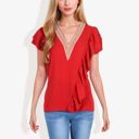 Red XXL V-Neck Ruffle Sleeve Top with Lace Trim Detail and Asymmetrical Design Casual Blouse