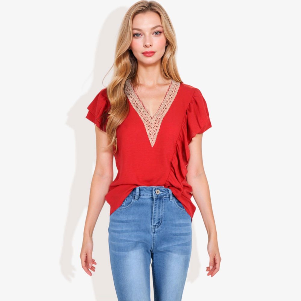 V-Neck Ruffle Sleeve Top with Lace Trim Detail and Asymmetrical Design Casual Blouse