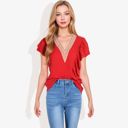 Red XXL V-Neck Ruffle Sleeve Top with Lace Trim Detail and Asymmetrical Design Casual Blouse