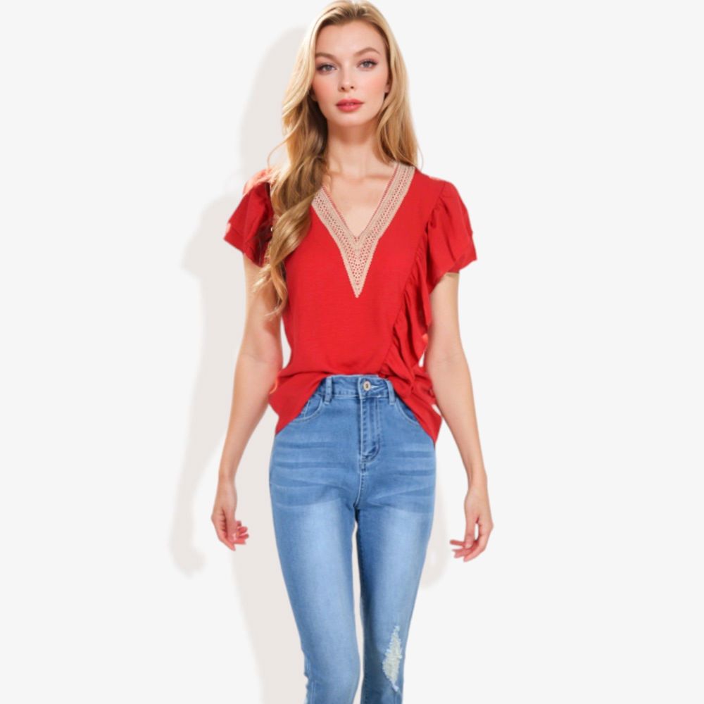 V-Neck Ruffle Sleeve Top with Lace Trim Detail and Asymmetrical Design Casual Blouse