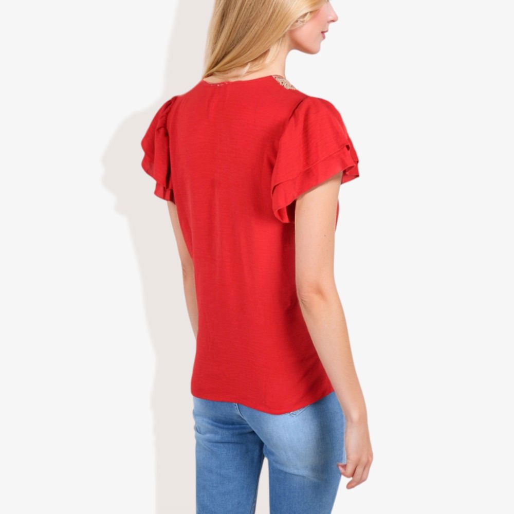 V-Neck Ruffle Sleeve Top with Lace Trim Detail and Asymmetrical Design Casual Blouse