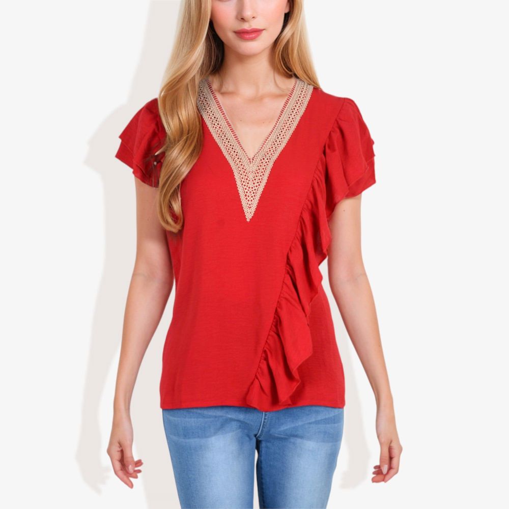 V-Neck Ruffle Sleeve Top with Lace Trim Detail and Asymmetrical Design Casual Blouse