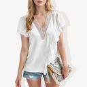 White XXL V-Neck Ruffle Sleeve Top with Lace Trim Detail and Asymmetrical Design Casual Blouse