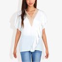 White XXL V-Neck Ruffle Sleeve Top with Lace Trim Detail and Asymmetrical Design Casual Blouse