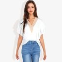 White Medium V-Neck Ruffle Sleeve Top with Lace Trim Detail and Asymmetrical Design Casual Blouse