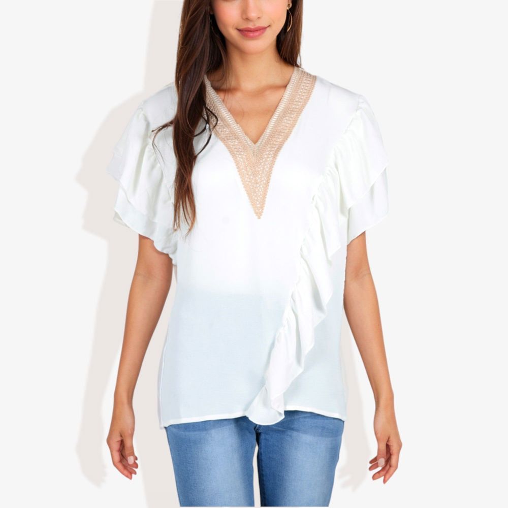 V-Neck Ruffle Sleeve Top with Lace Trim Detail and Asymmetrical Design Casual Blouse