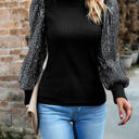 Black Large Ribbed Knit Top with Sequin Long Sleeves and Mock Neck Design