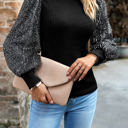 Black Large Ribbed Knit Top with Sequin Long Sleeves and Mock Neck Design