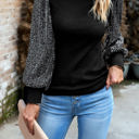 Black Large Ribbed Knit Top with Sequin Long Sleeves and Mock Neck Design