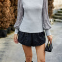 Gray Large Ribbed Knit Top with Sequin Long Sleeves and Mock Neck Design