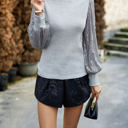 Gray Large Ribbed Knit Top with Sequin Long Sleeves and Mock Neck Design