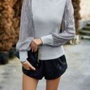 Gray Large Ribbed Knit Top with Sequin Long Sleeves and Mock Neck Design