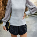 Gray Large Ribbed Knit Top with Sequin Long Sleeves and Mock Neck Design