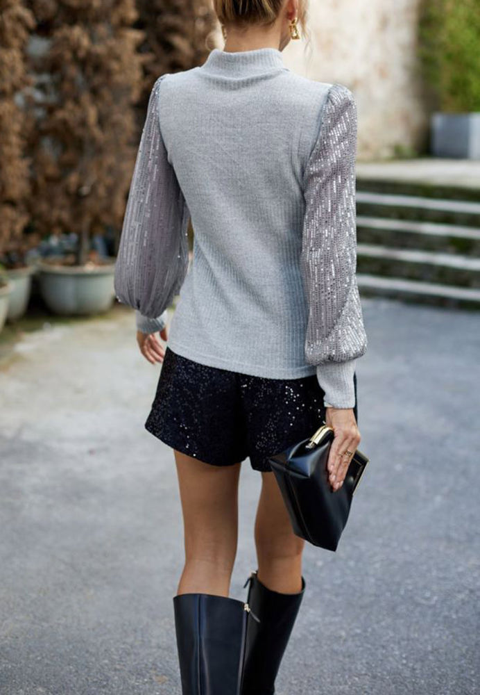 Ribbed Knit Top with Sequin Long Sleeves and Mock Neck Design